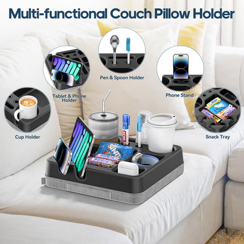 CLESOO couch cup holder tray in use on sofa with snacks and drinks.
