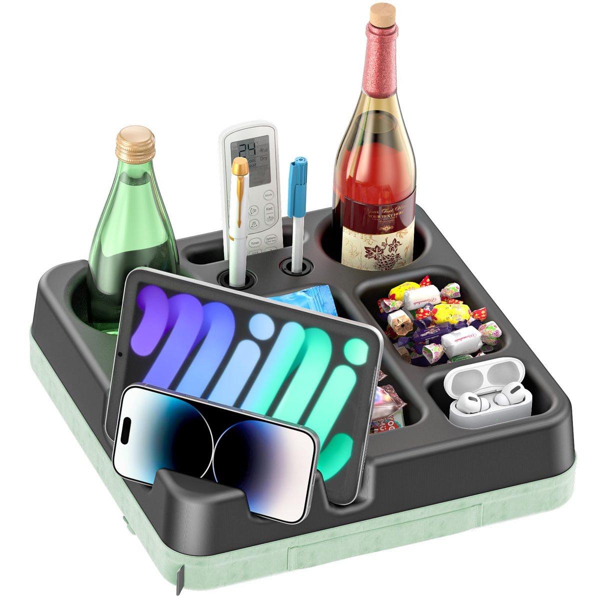 CLESOO couch cup holder tray holds drinks securely during movie night.