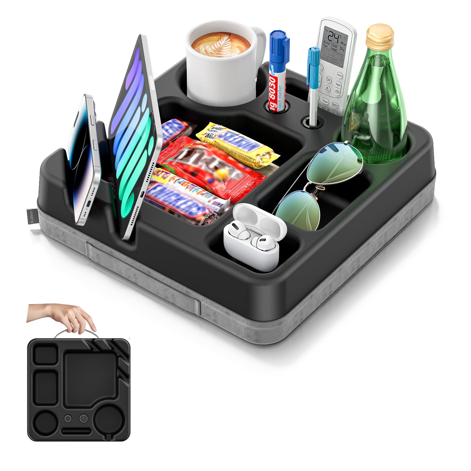 CLESOO couch cup holder tray side view showing built-in snack area and beverages.