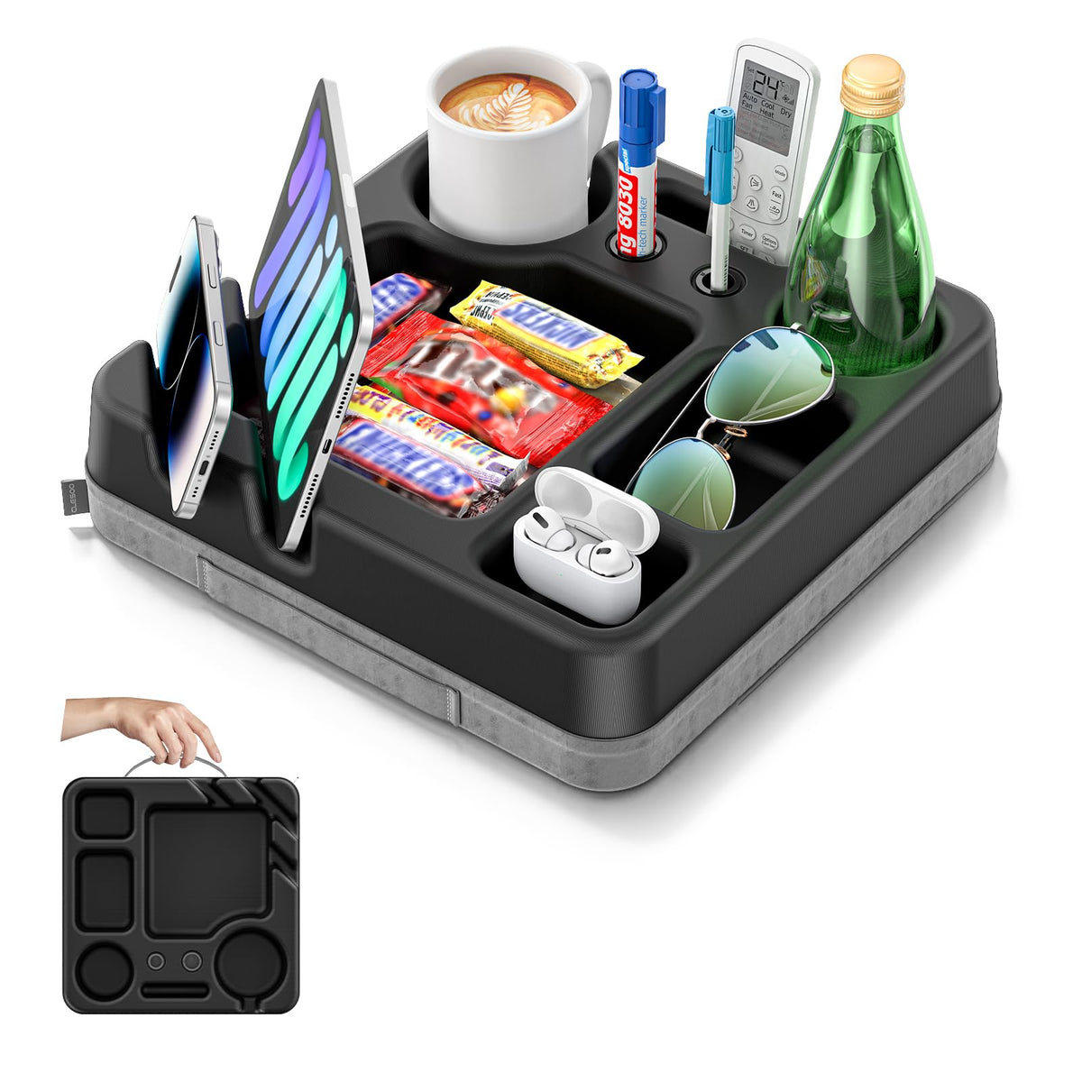 CLESOO couch cup holder tray side view showing built-in snack area and beverages.