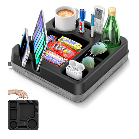 CLESOO couch cup holder tray side view showing built-in snack area and beverages.