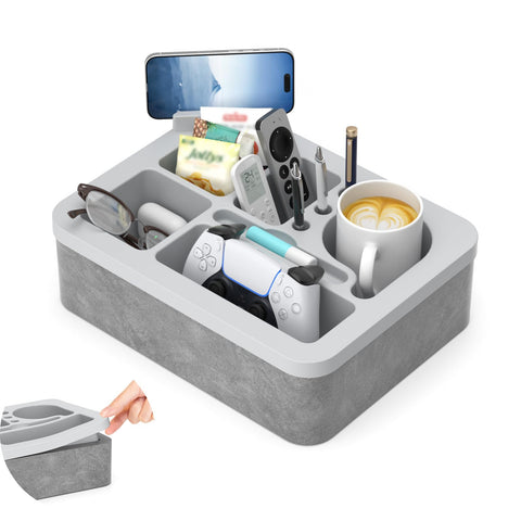 CLESOO couch cup holder tray with silicone top holds drinks securely on sofa