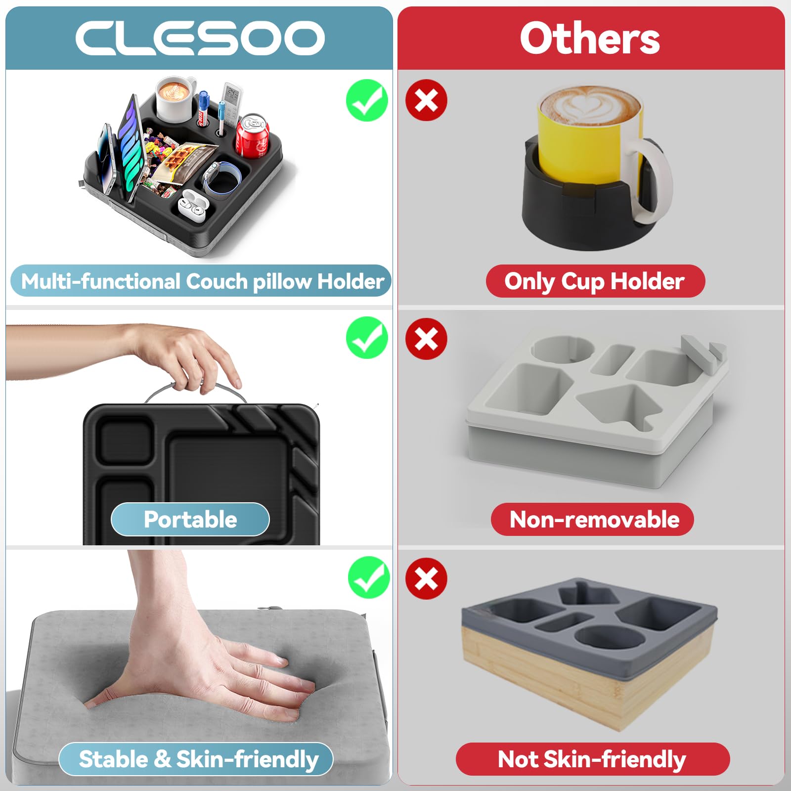 CLESOO couch cup holder tray anti-spill design keeps beverages stable.