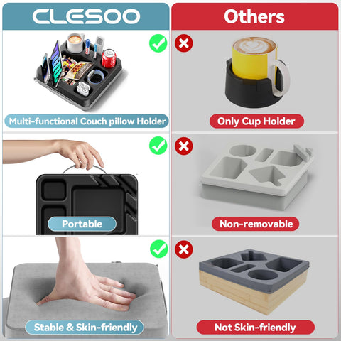 CLESOO couch cup holder tray anti-spill design keeps beverages stable.