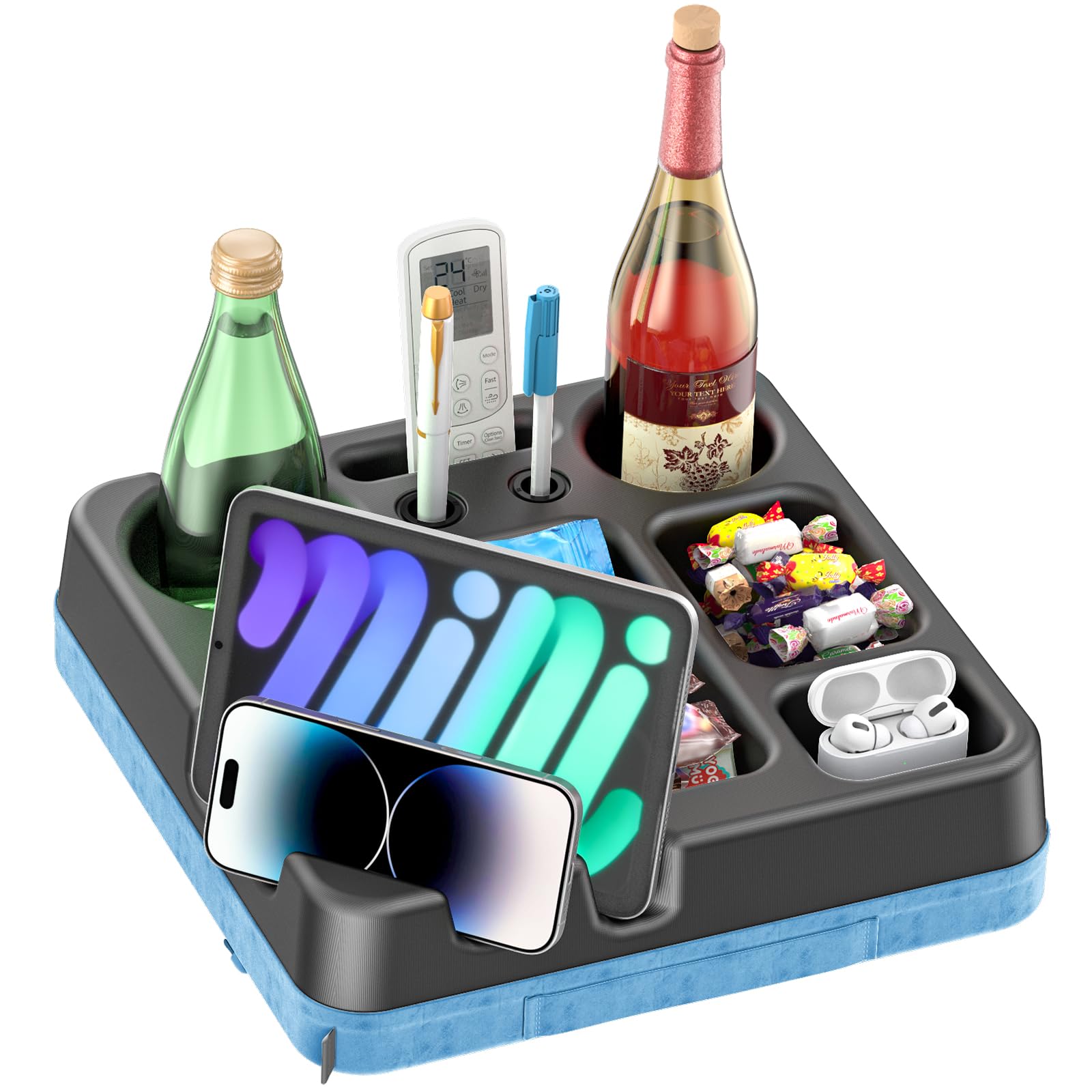 CLESOO couch cup holder tray keeps drinks secure while you relax on the sofa.