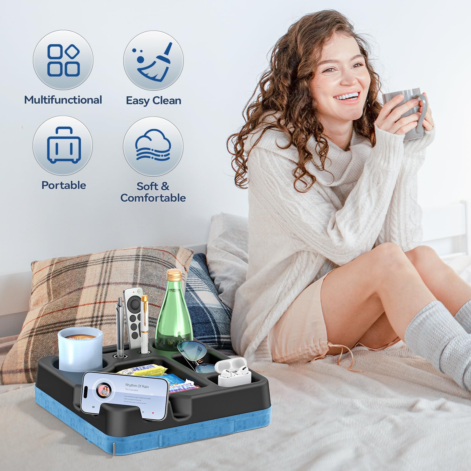 CLESOO portable couch tray with strap travels easily between rooms.