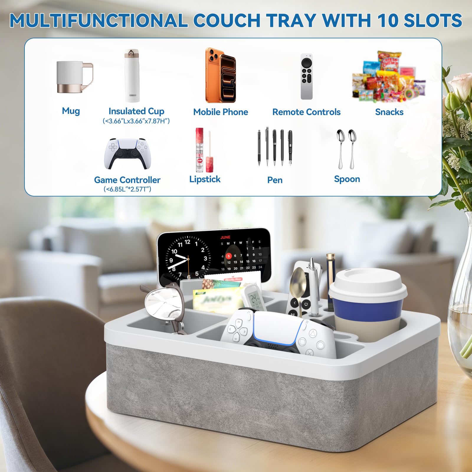 CLESOO sofa tray with removable phone holder for flexible use