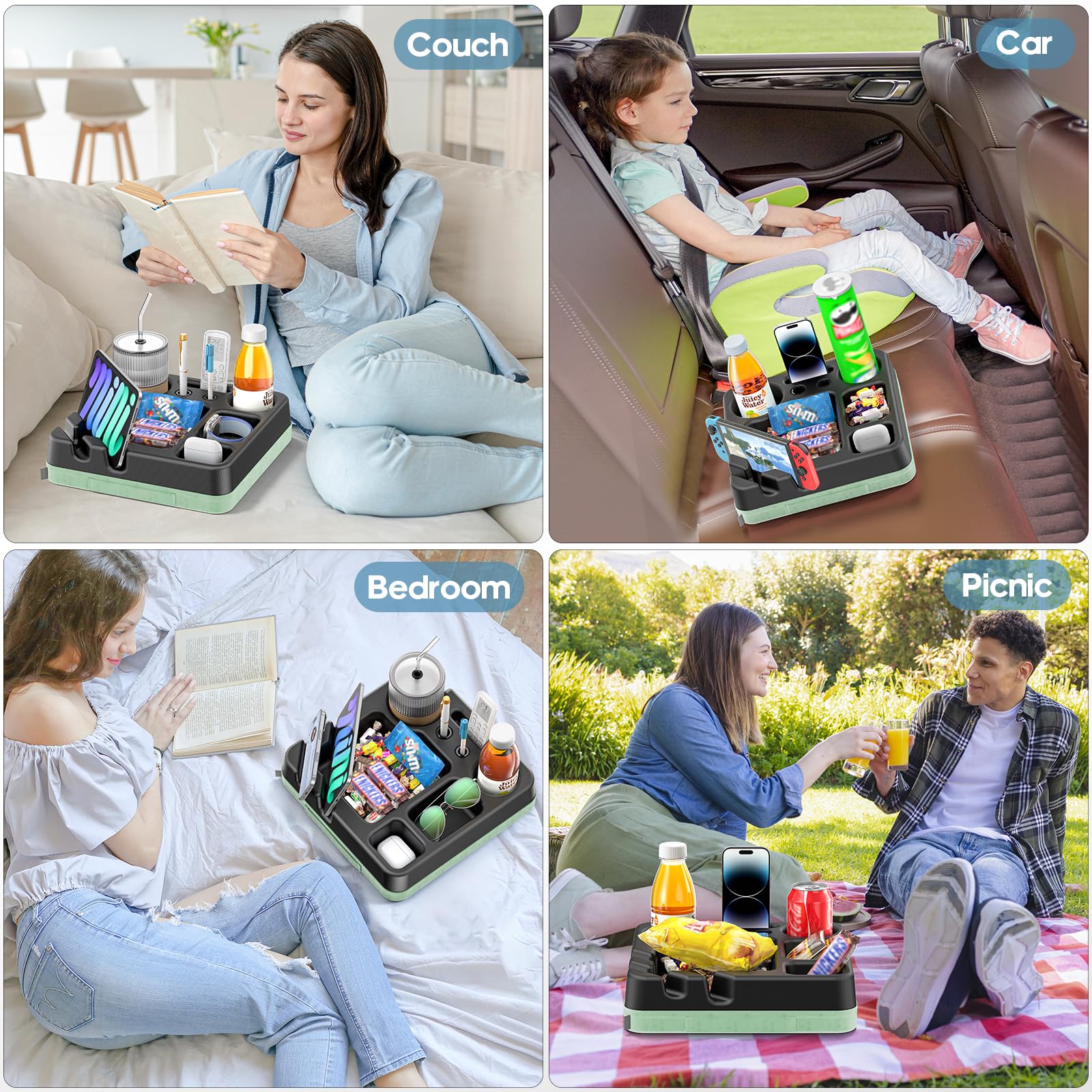 CLESOO portable couch tray with tablet slot on couch.