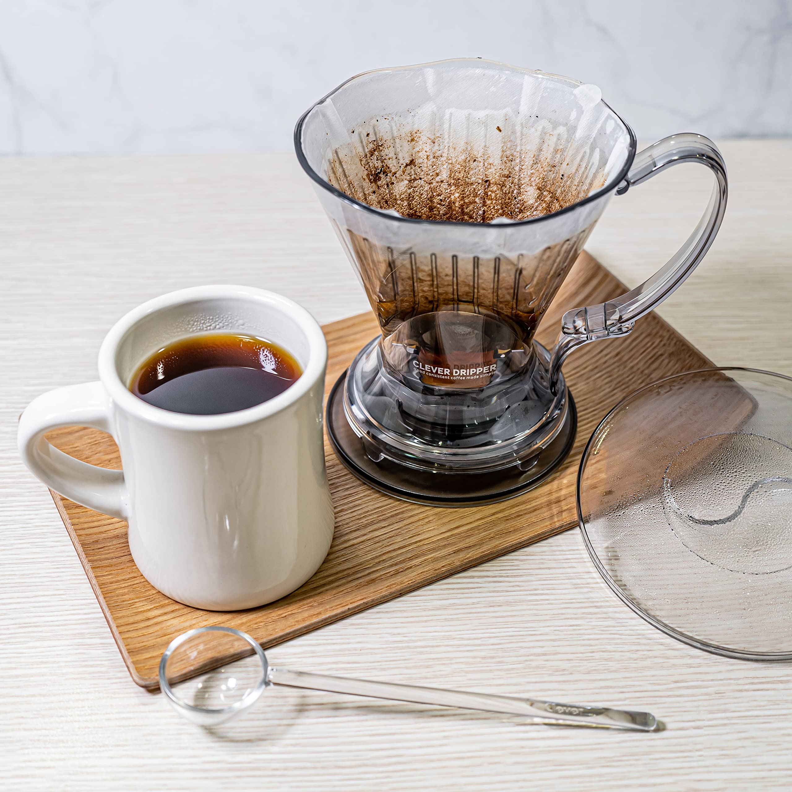 Clever Coffee compact size fits countertops neatly.