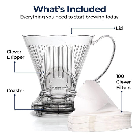 Clever Coffee filters included—100 sheets for clean brews.