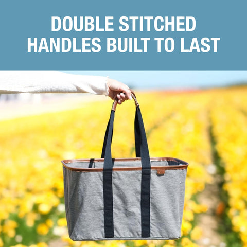 CleverMade Collapsible LUXE Tote at grocery stores for durable, reusable shopping