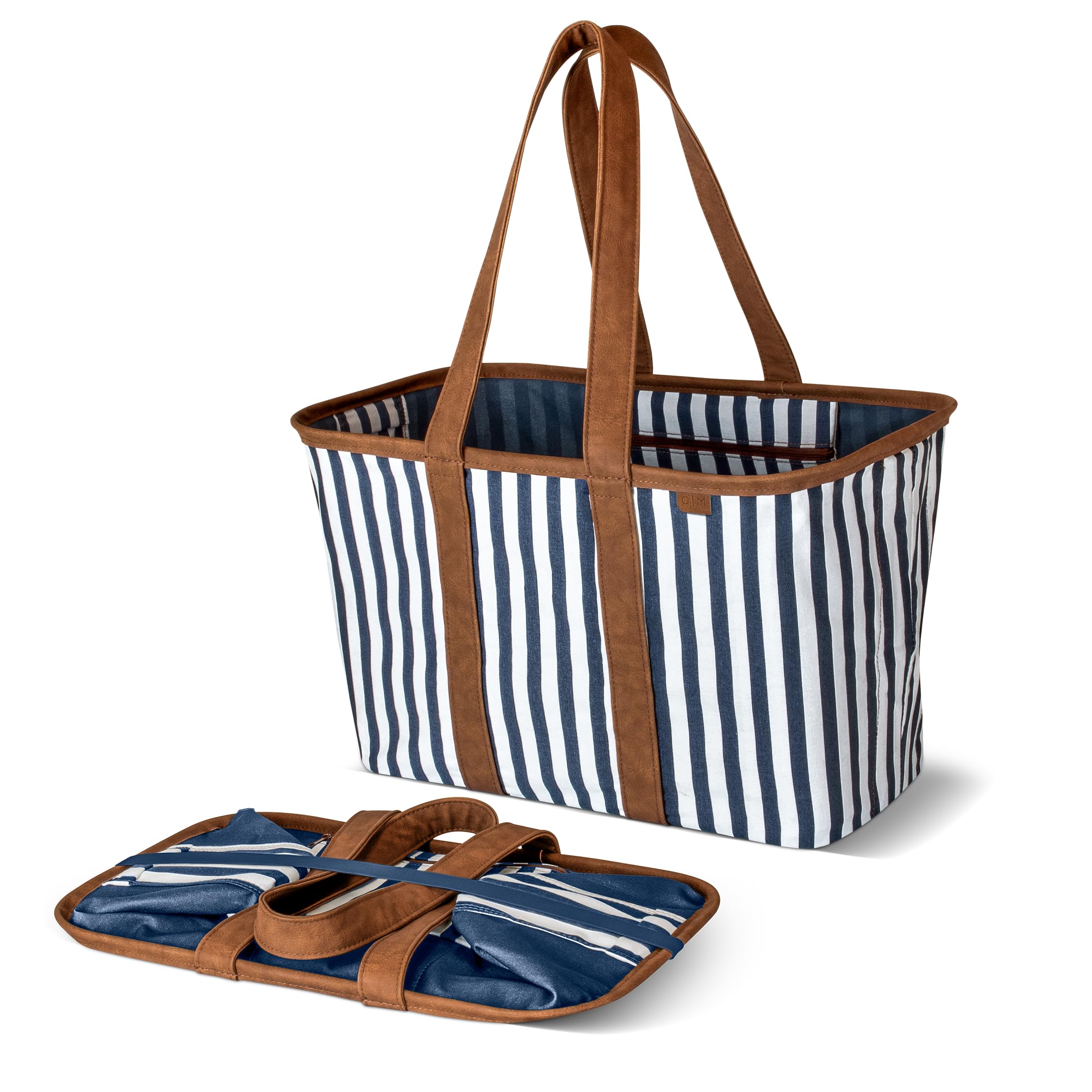 CleverMade Collapsible Luxe Tote in navy stripes, open for groceries and shopping.