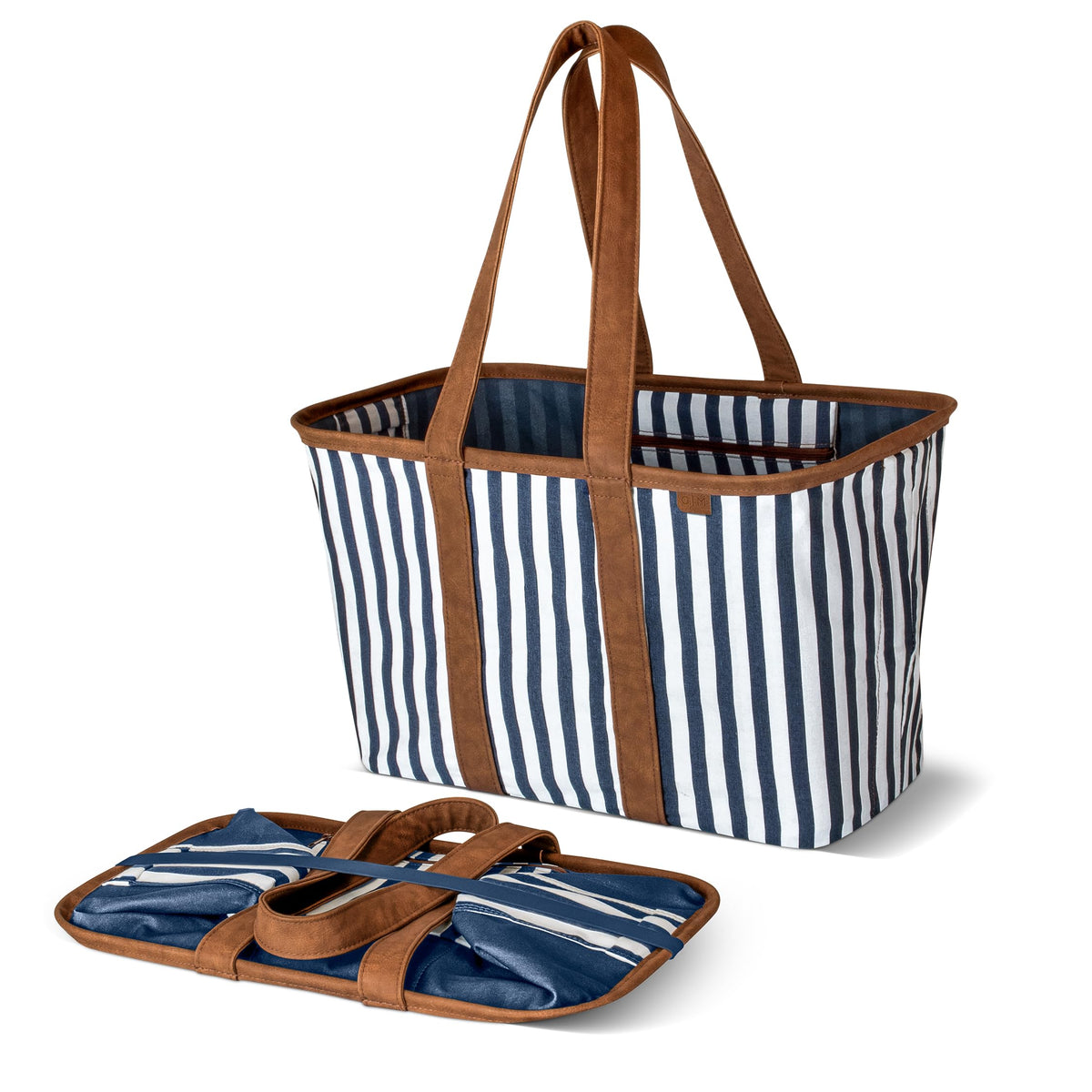 CleverMade Collapsible Luxe Tote in navy stripes, open for groceries and shopping.