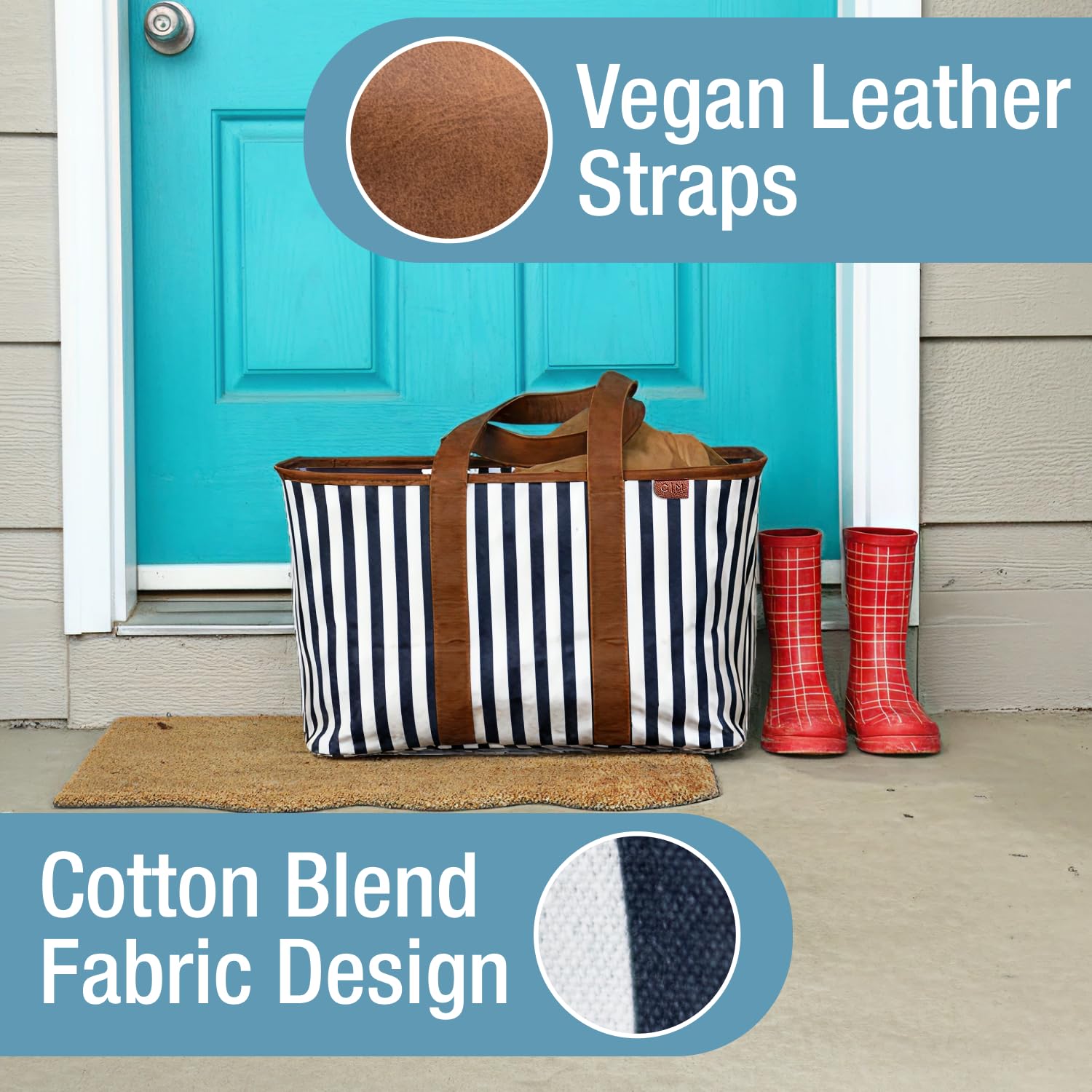 CleverMade navy-striped tote features zip pocket to secure valuables.