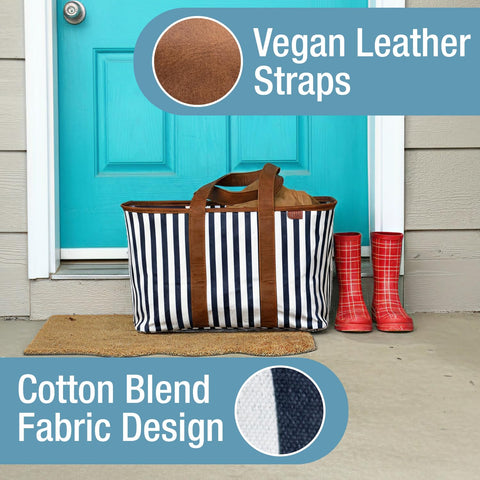 CleverMade navy-striped tote features zip pocket to secure valuables.