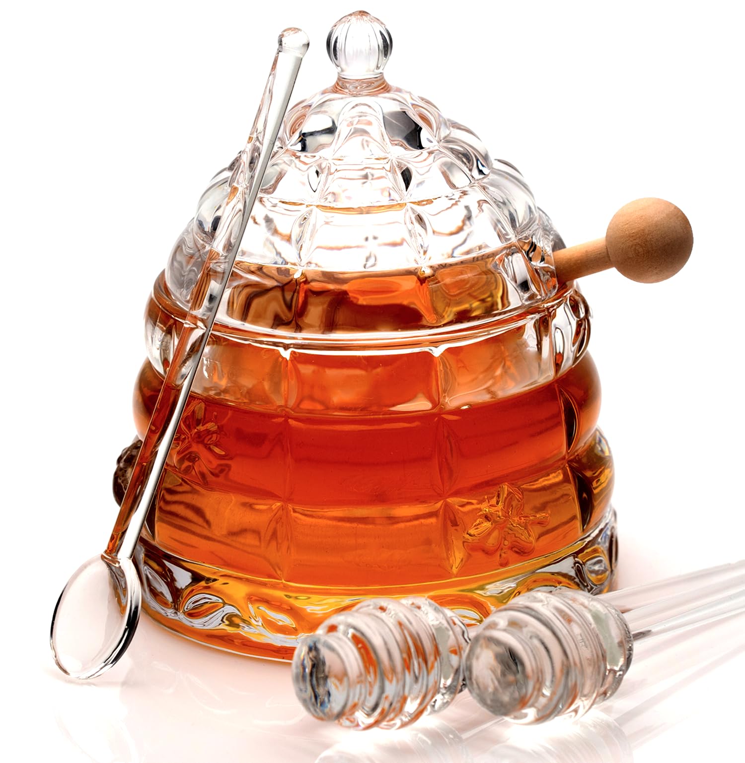 CLEVLI Crystal honey jar with beehive front view for stylish honey storage.
