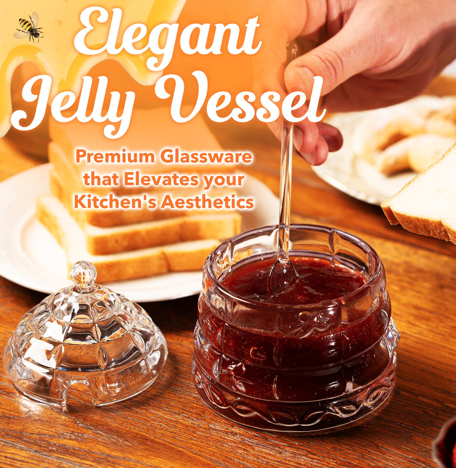 CLEVLI Crystal honey jar lid and dips set keeps drips tidy on the table.