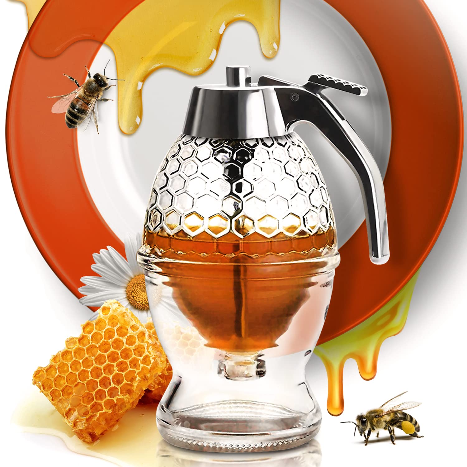 CLEVLI glass honey dispenser with no-drip stand shown for neat service