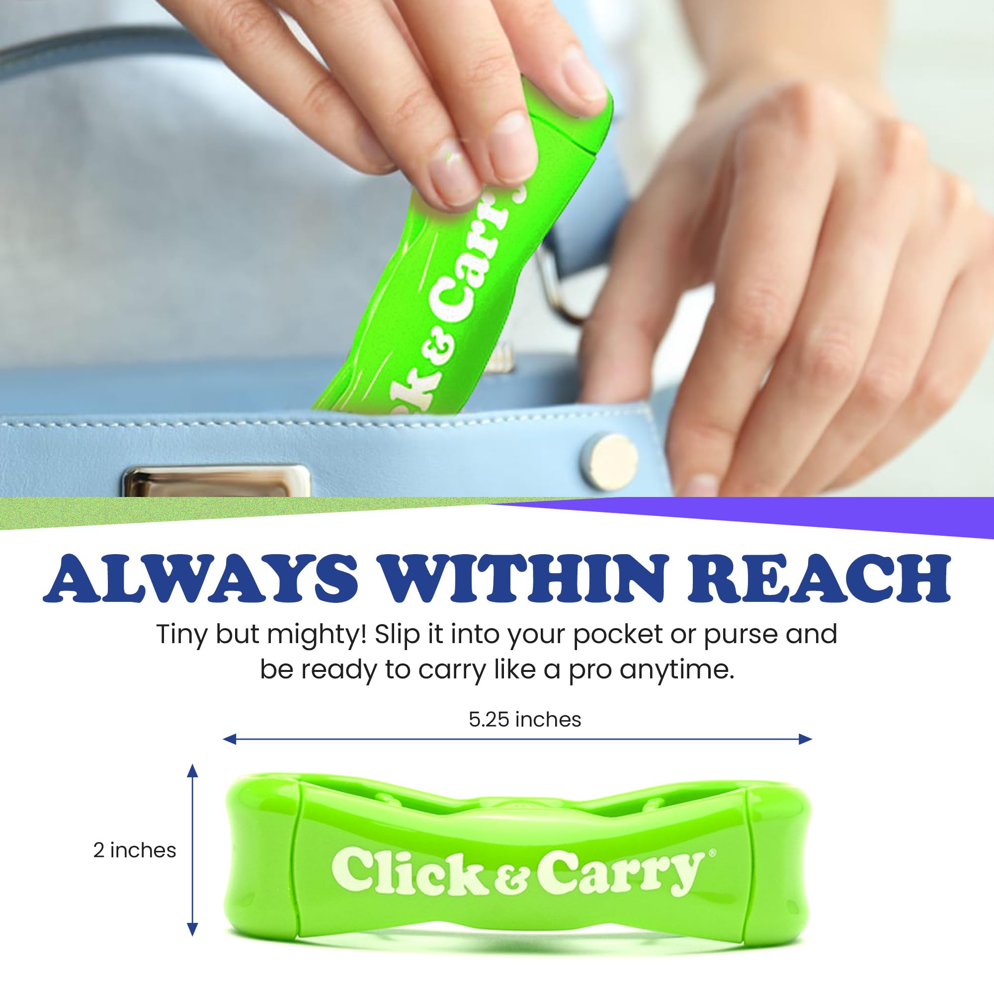 Click & Carry hauling sports gear with a single-handed grip and even weight distribution.