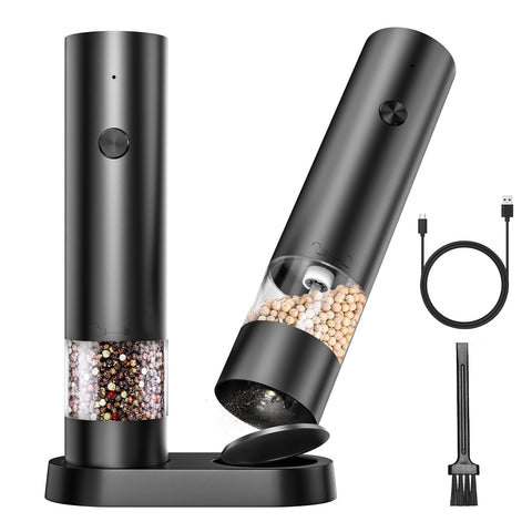 CLICKISS electric salt and pepper grinder set with base and cap for mess-free dining.