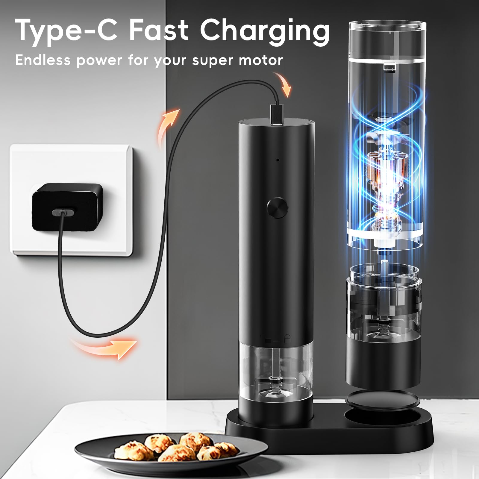 Compact rechargeable salt grinder by CLICKISS with USB C charging.