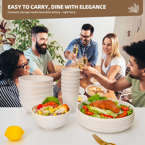 CLIFF'S KITCHEN 18-piece wheat straw bowls for six, stackable and versatile for soups and salads.