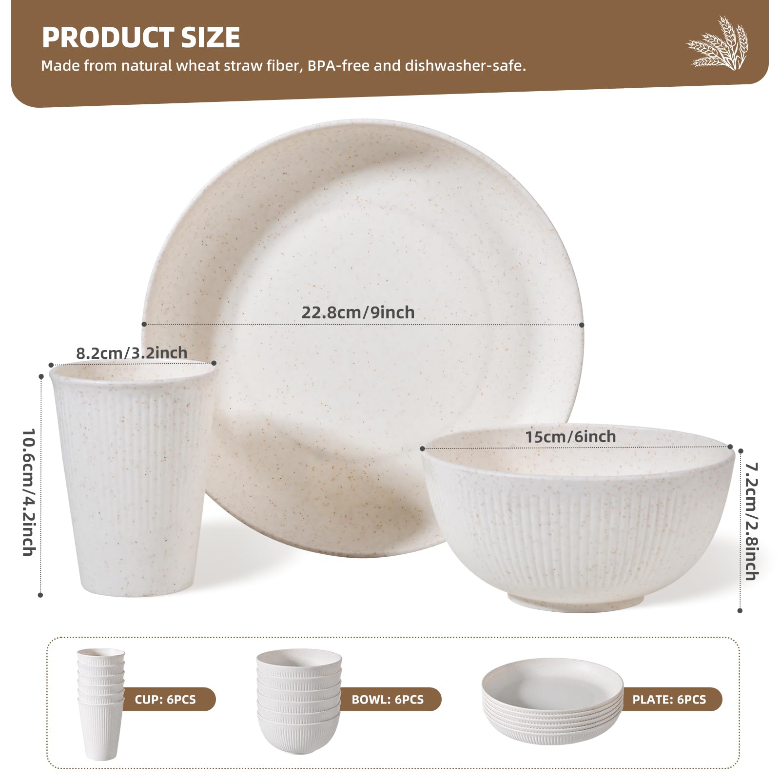 CLIFF'S KITCHEN 18-piece wheat straw cups for six, microwave safe and easy to handle.