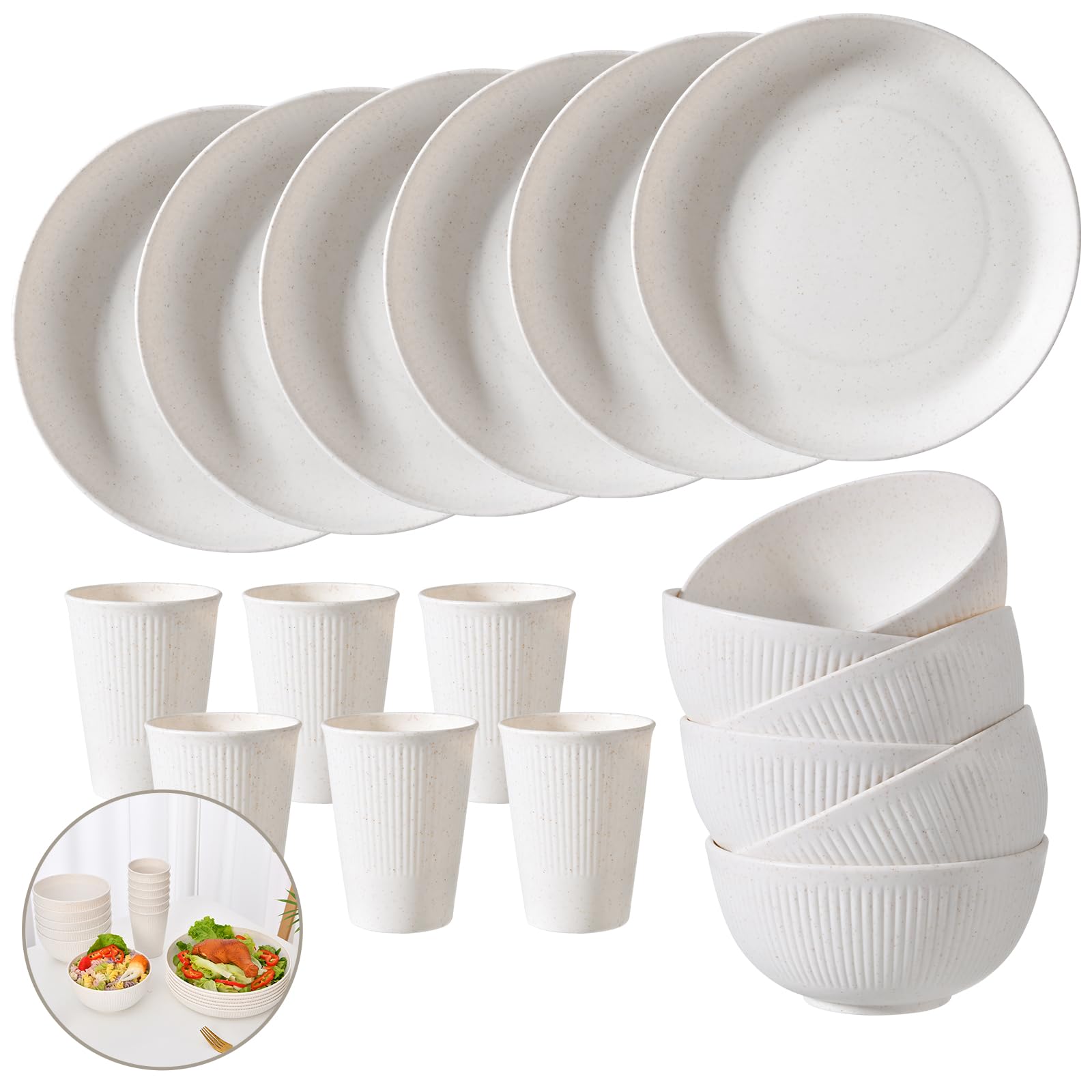 CLIFF'S KITCHEN 18-piece wheat straw plates for six, lightweight and durable for daily meals.