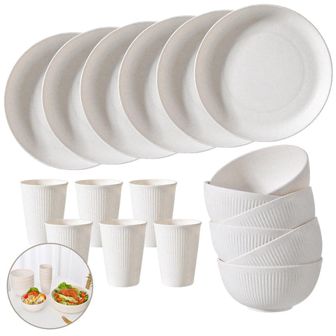 CLIFF'S KITCHEN 18-piece wheat straw plates for six, lightweight and durable for daily meals.