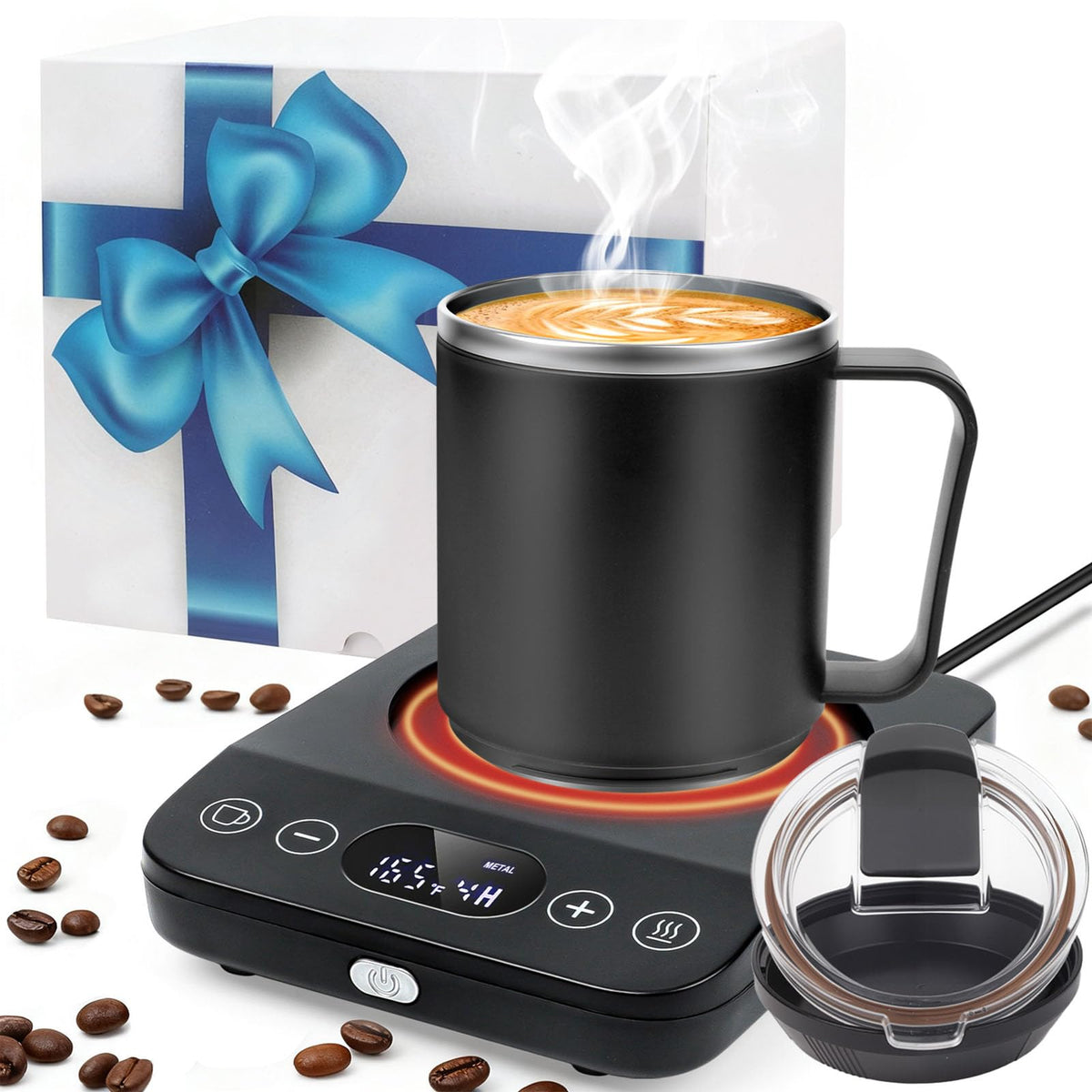 Clinuse coffee mug warmer with 16oz cup on desk for steady warmth