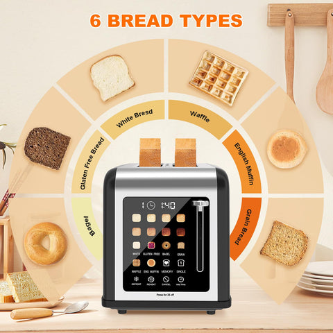 Clixane 2-Slice Toaster bread-type presets including bagel and gluten-free.