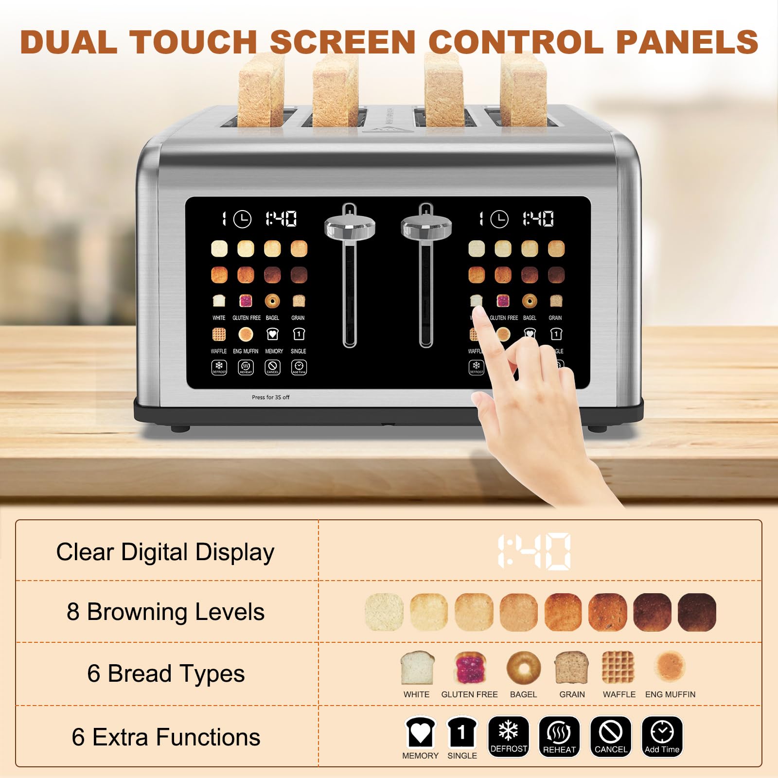 Clixane 4-Slice Toaster touch screen controls enable precise browning