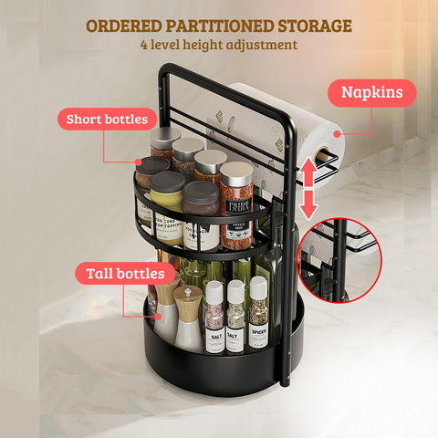 Clokta 2-tier lazy susan showcased with spice jars for compact counter organization.