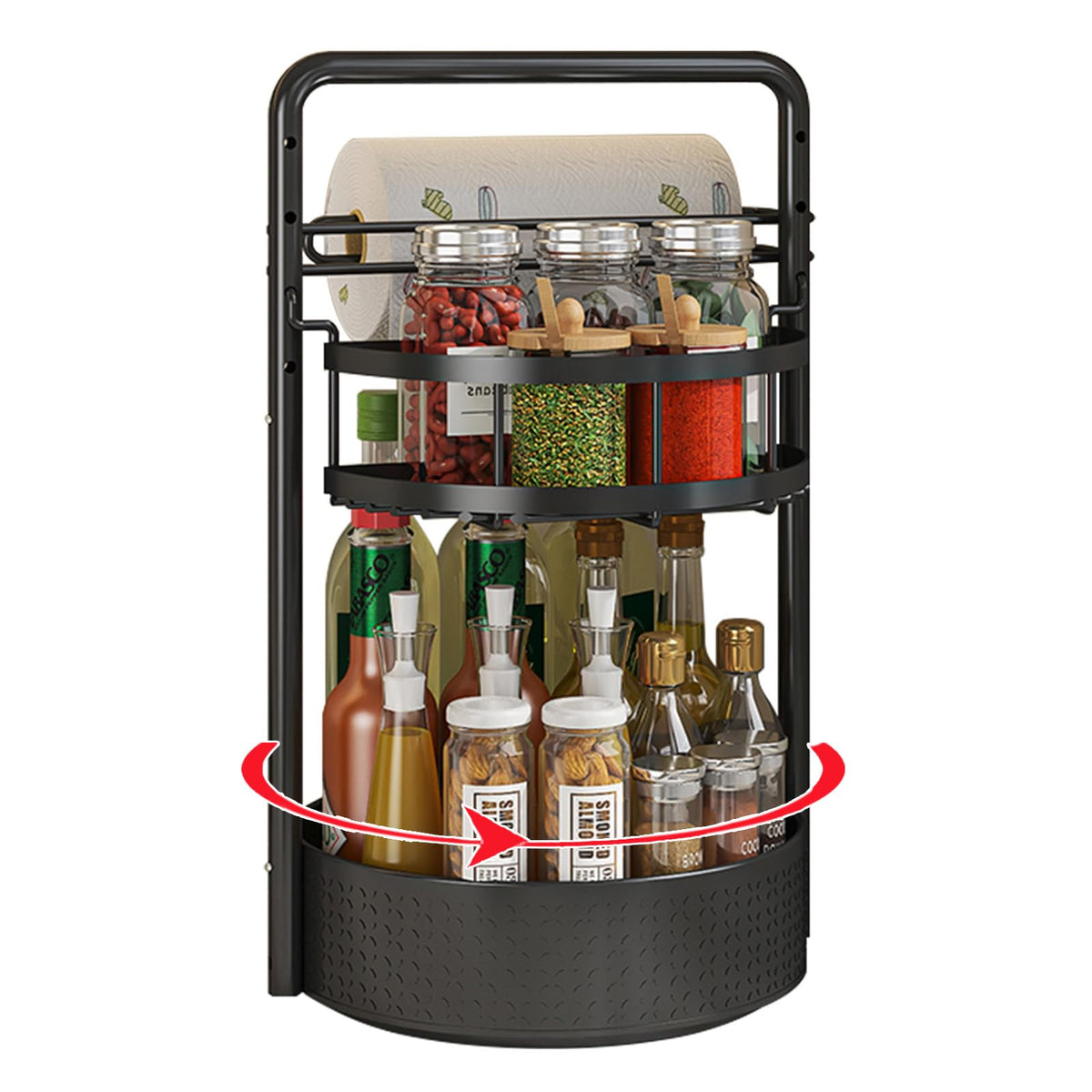 Clokta rotating spice rack with 2 tiers and paper towel holder on kitchen counter for easy access.