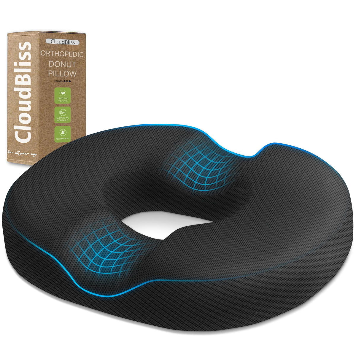 CloudBliss donut pillow on a chair provides portable comfort for long workdays