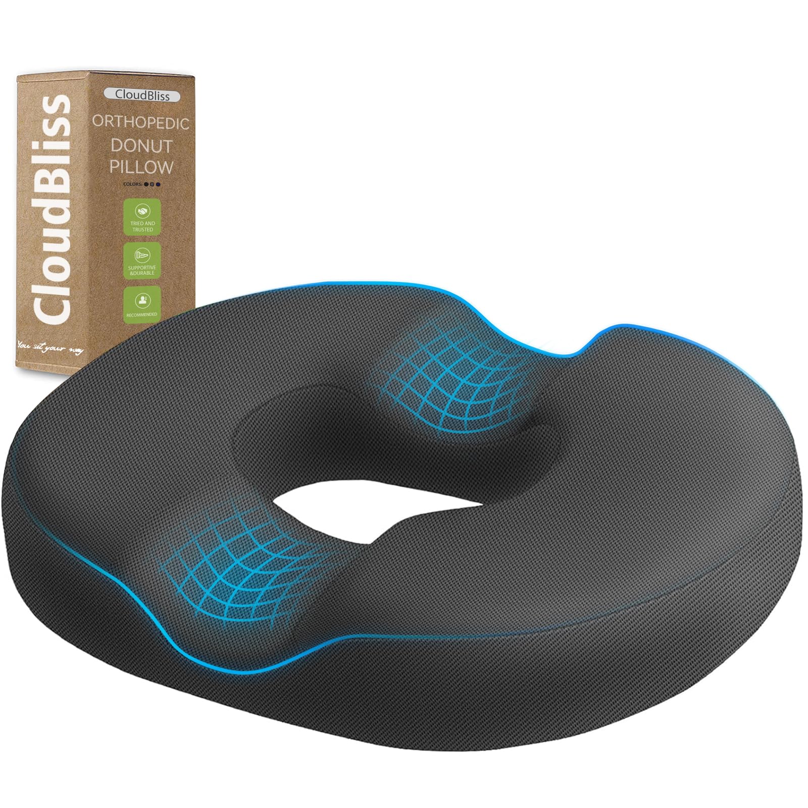 CloudBliss donut pillow compact on a chair for portable tailbone relief