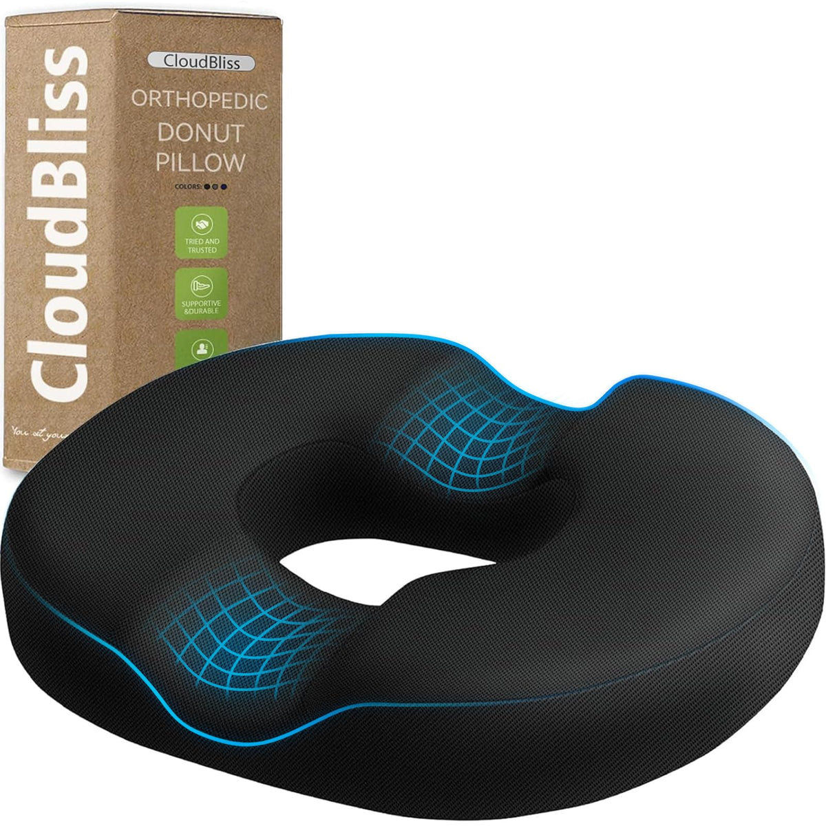 CloudBliss donut pillow on an office chair providing tailbone relief.
