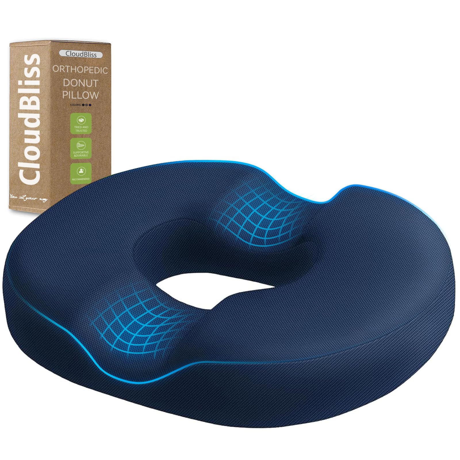 CloudBliss blue donut pillow seat cushion for portable tailbone relief on any chair.