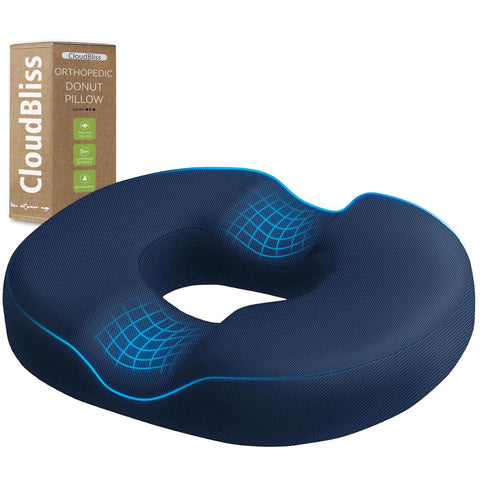 CloudBliss blue donut pillow seat cushion for portable tailbone relief on any chair.