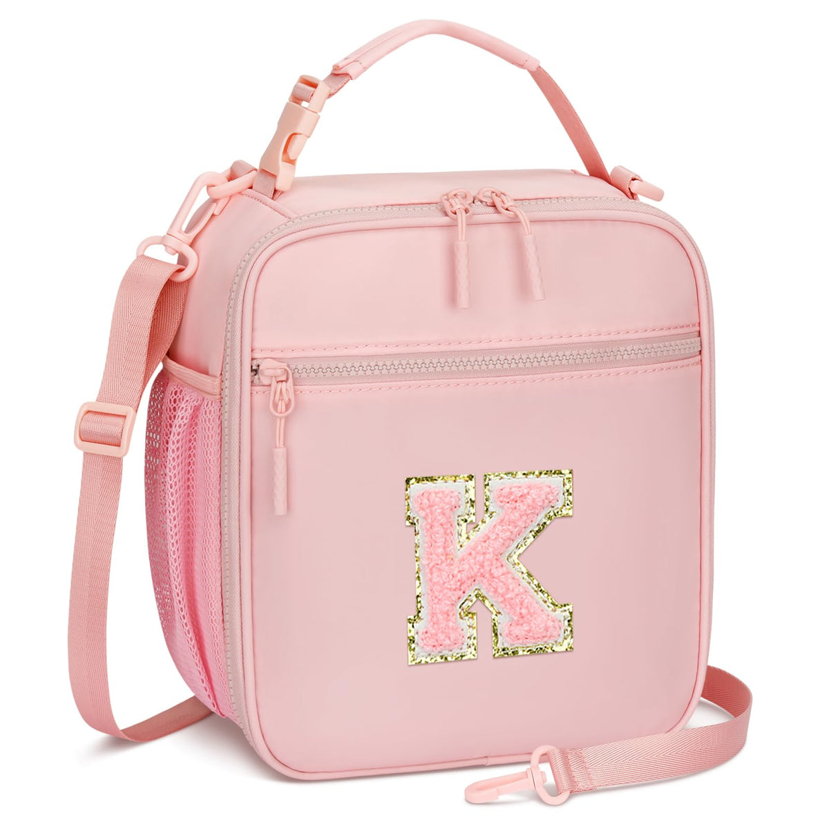 CLOUDWINGS Initial Insulated Lunch Bag pink front view with easy packing.
