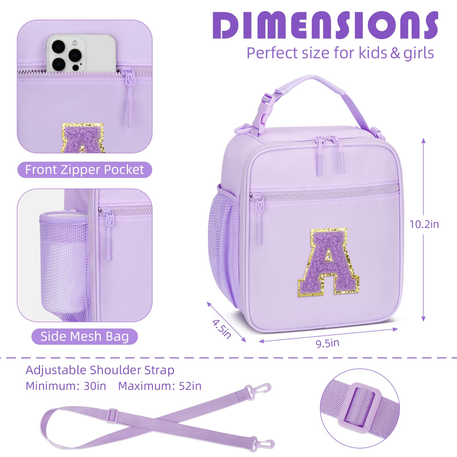 CLOUDWINGS personalized lunch bag with initial patch, ideal for kids and teens