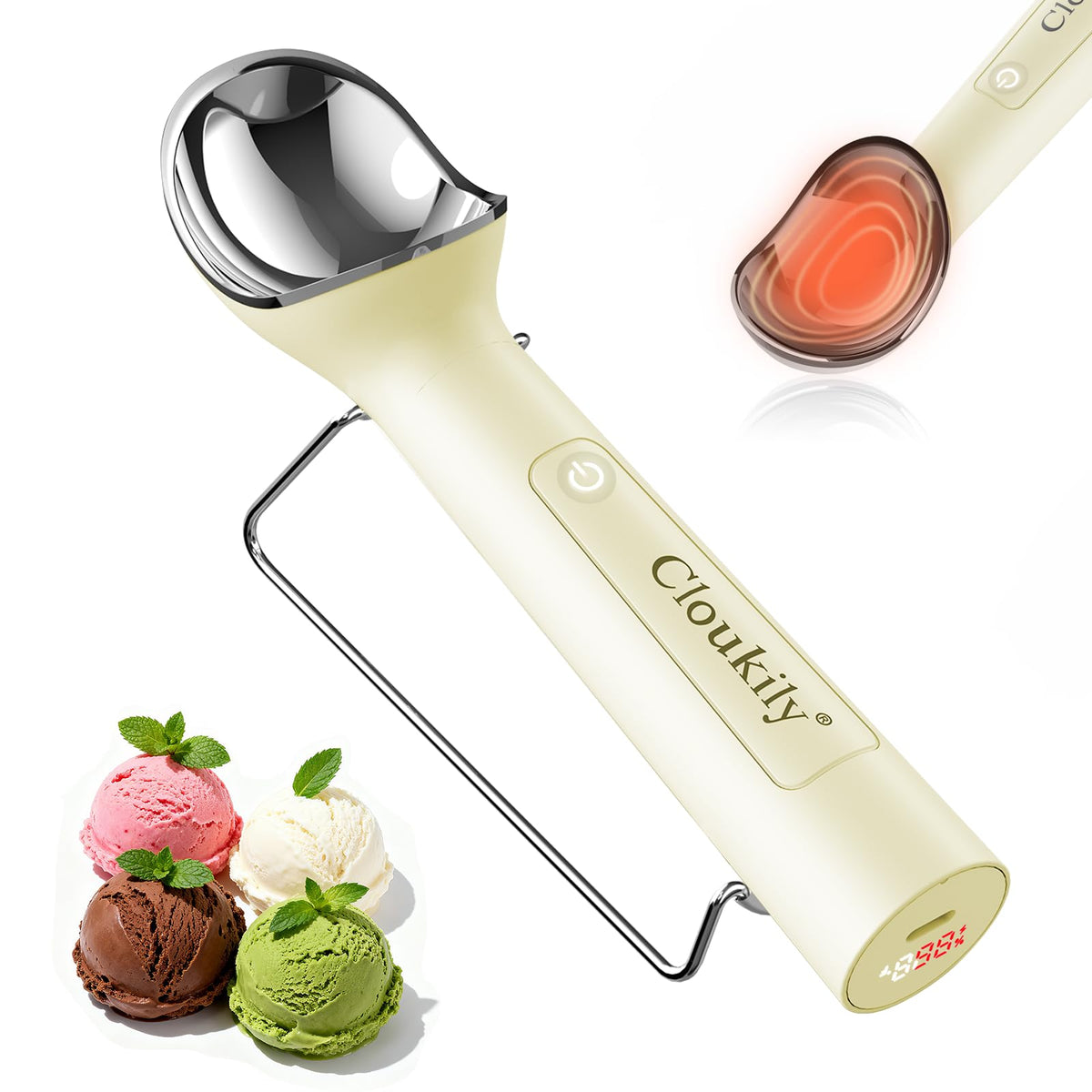 Cloukily heated ice-cream scoop with on-off switch for effortless scooping