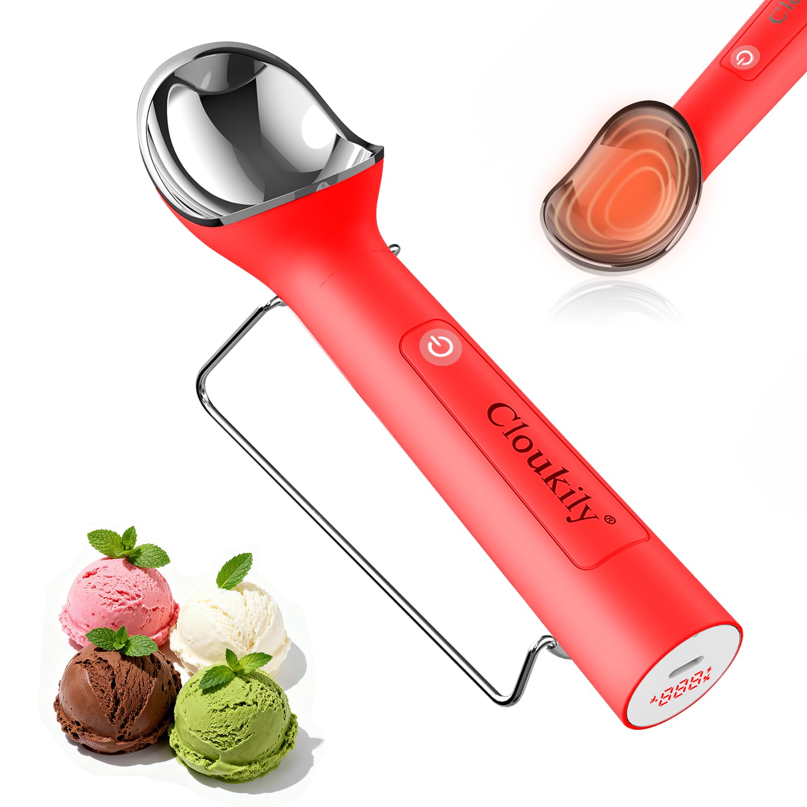 Cloukily heated ice cream scoop with holder ready for effortless scooping and stable placement.