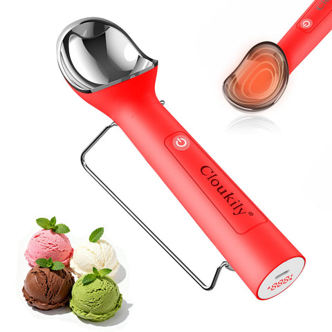 Cloukily heated ice cream scoop with holder ready for effortless scooping and stable placement.