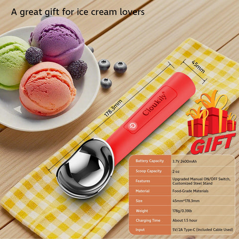 Cloukily scoop works on rock-hard ice cream in seconds.