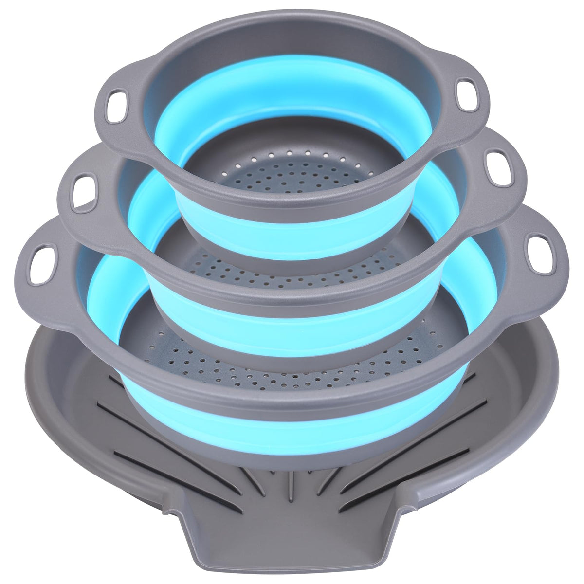 Cluren collapsible colander set with foldable tray for space-saving kitchen storage.
