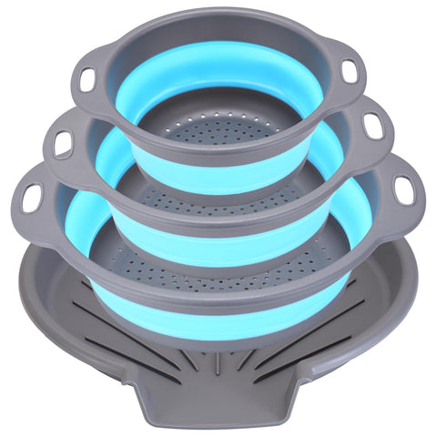Cluren collapsible colander set with foldable tray for space-saving kitchen storage.