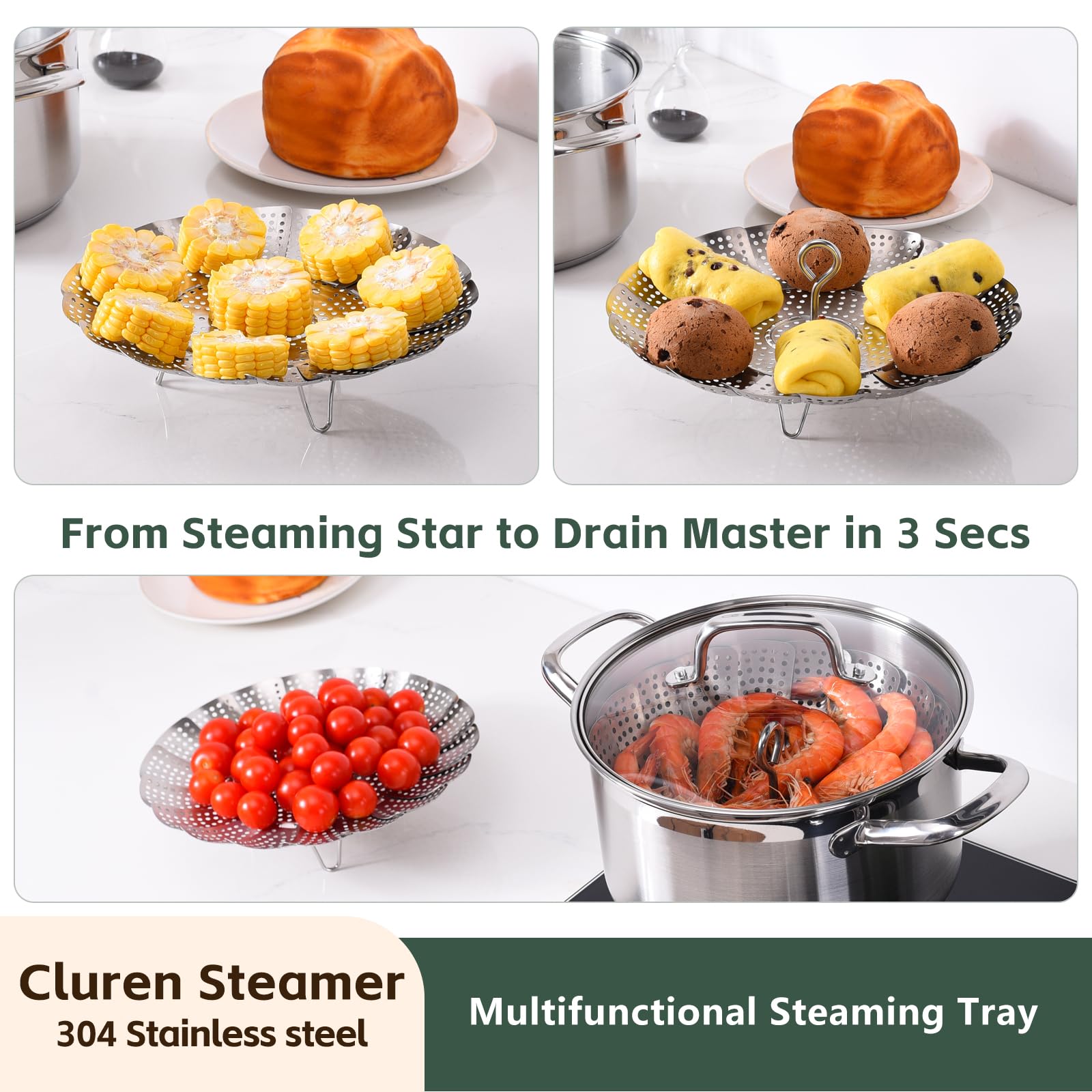 Cluren steamer basket shows stable collapsible triangle stand for steady steaming.