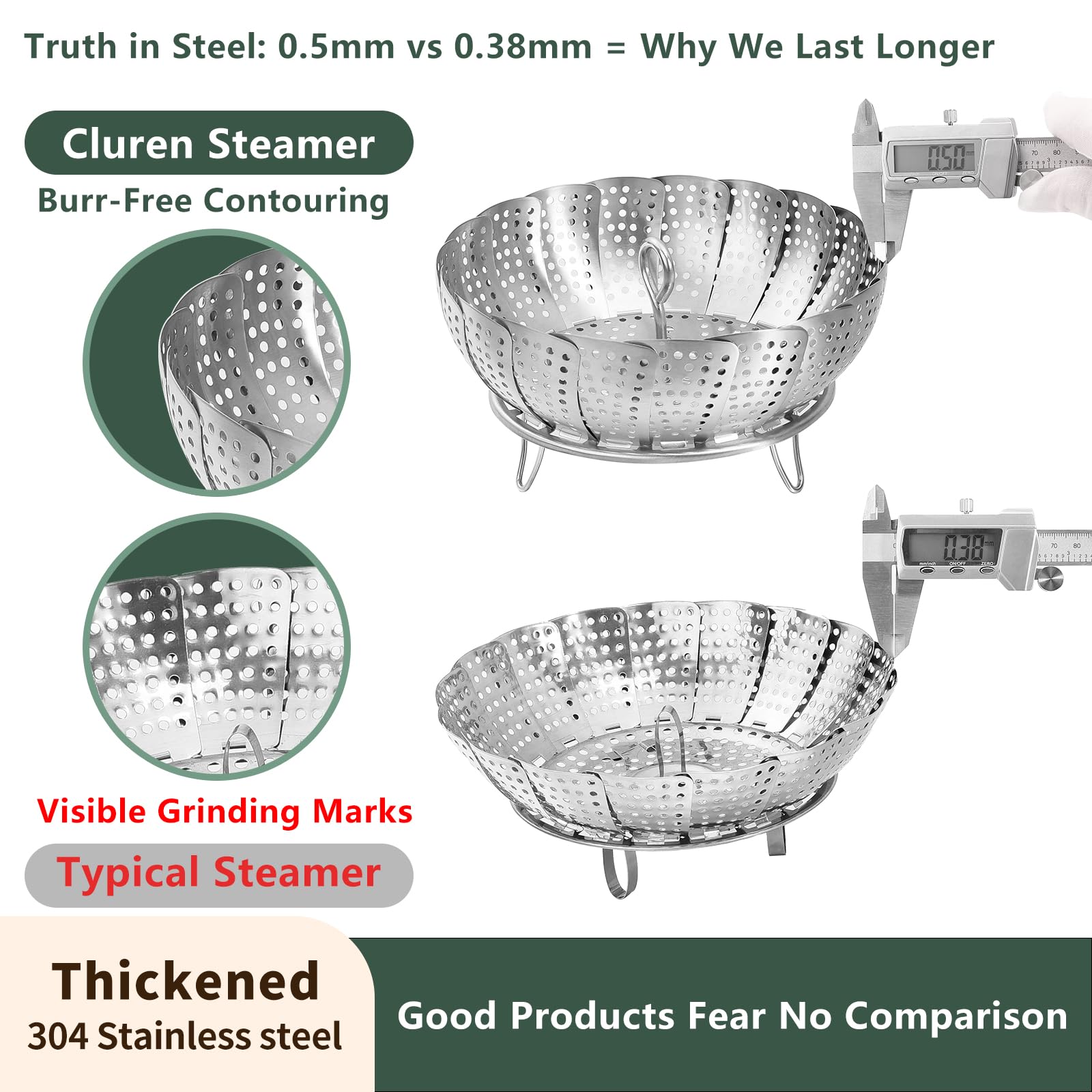 Cluren steamer basket includes detachable lifting rod for easy cleaning and storage.