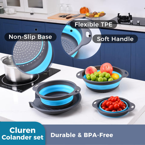 Cluren three-pack folding strainers save drawer space when not in use.